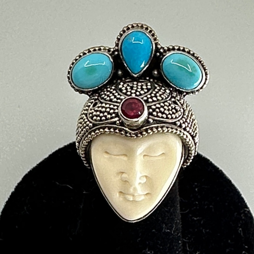 Artisan 925 sterling Silver Ring with Turquoise and Ruby real - Picture 2 of 9
